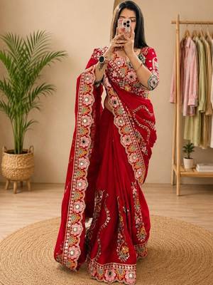 Red floral mirror work silk blend heavy work saree 1