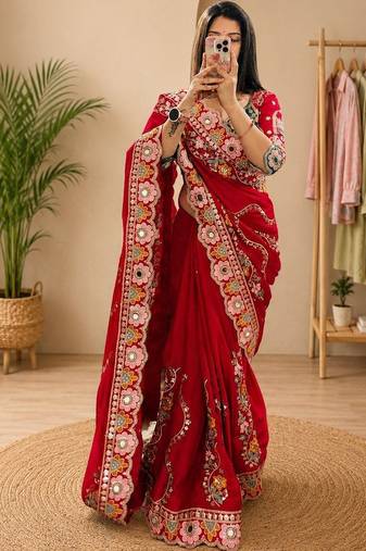 Red floral mirror work silk blend heavy work saree