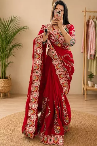 Red floral mirror work silk blend heavy work saree