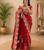 Red floral mirror work silk blend heavy work saree