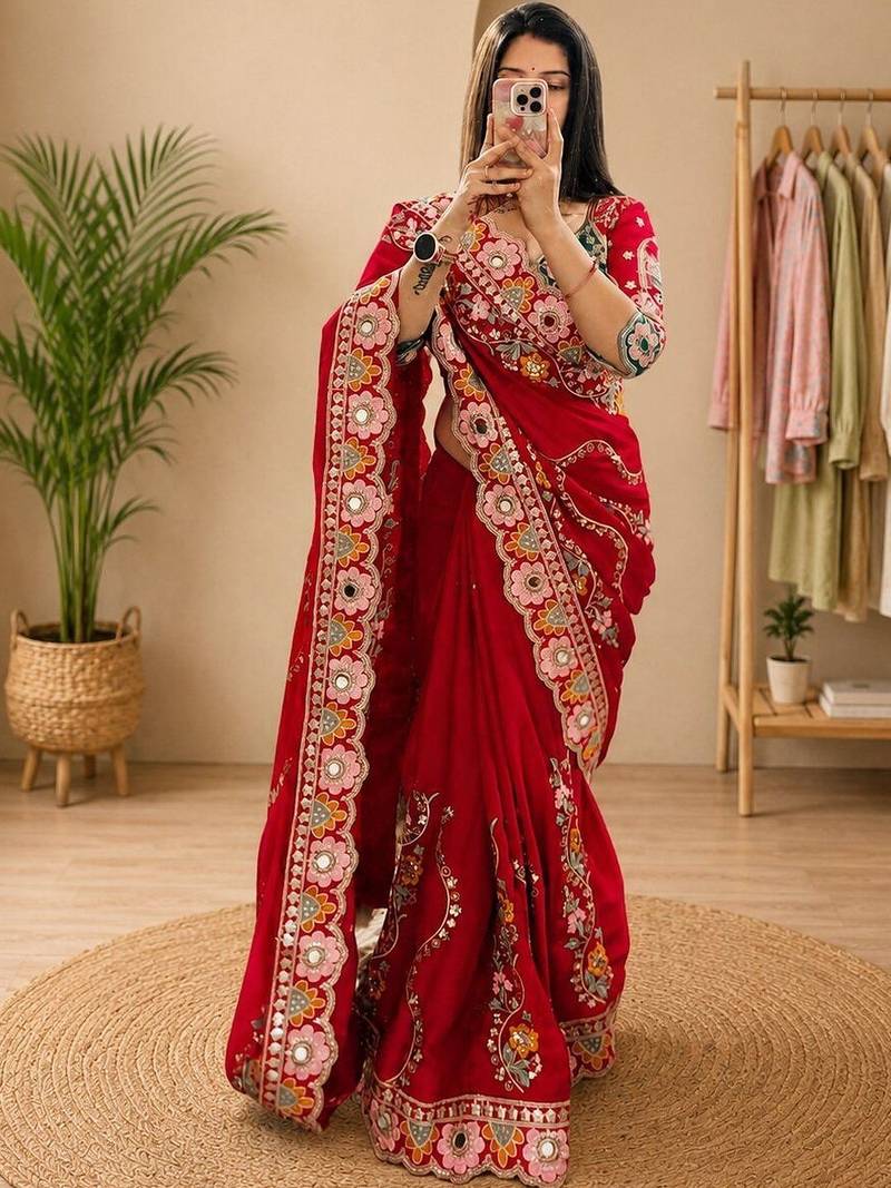 Red floral mirror work silk blend heavy work saree