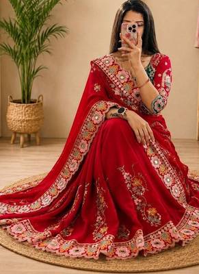 Red floral mirror work silk blend heavy work saree 2