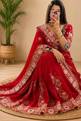 Red floral mirror work silk blend heavy work saree