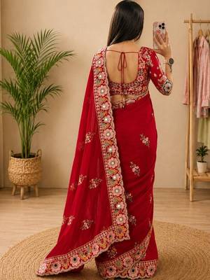 Red floral mirror work silk blend heavy work saree 3