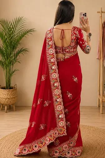 Red floral mirror work silk blend heavy work saree