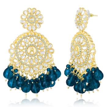 Blue kundan & beads studded dangle earrings ethnic jewelry 3