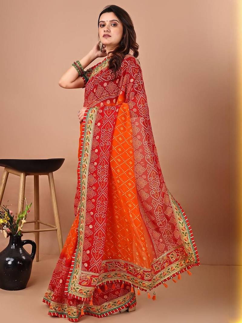 Red bandhani gotta patti georgette saree