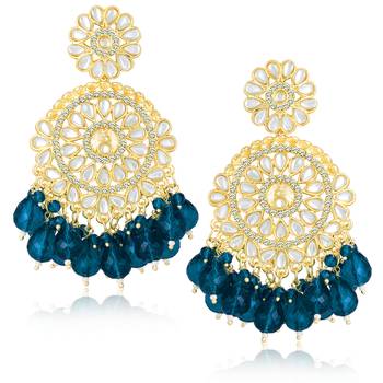 Blue kundan & beads studded dangle earrings ethnic jewelry 5