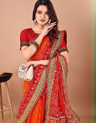 Red bandhani gotta patti georgette saree 4