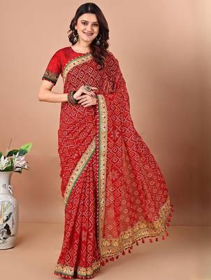 Red bandhani printed gotta patti saree with unstitched blouse piece 1