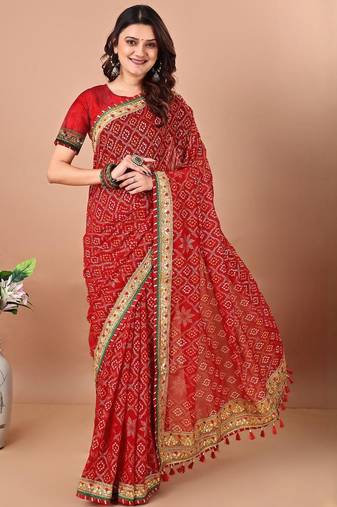 Red bandhani printed gotta patti saree with unstitched blouse piece
