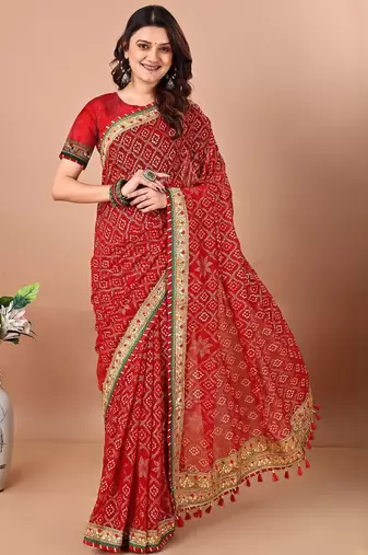 Red bandhani printed gotta patti saree with unstitched blouse piece