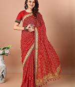 Red bandhani printed gotta patti saree with unstitched blouse piece