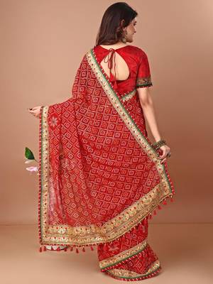 Red bandhani printed gotta patti saree with unstitched blouse piece 2