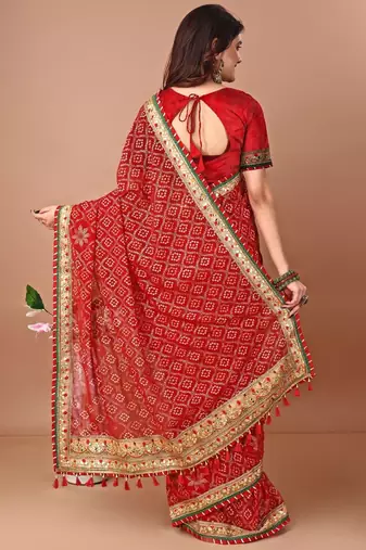 Red bandhani printed gotta patti saree with unstitched blouse piece