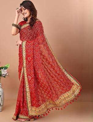 Red bandhani printed gotta patti saree with unstitched blouse piece 3