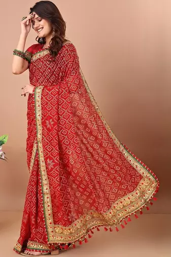 Red bandhani printed gotta patti saree with unstitched blouse piece