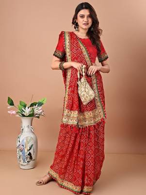 Red bandhani printed gotta patti saree with unstitched blouse piece 4