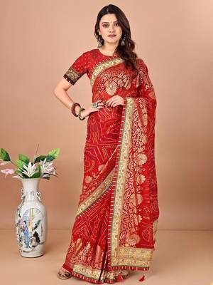 Red bandhani print embellished gotta patti bandhani saree 1
