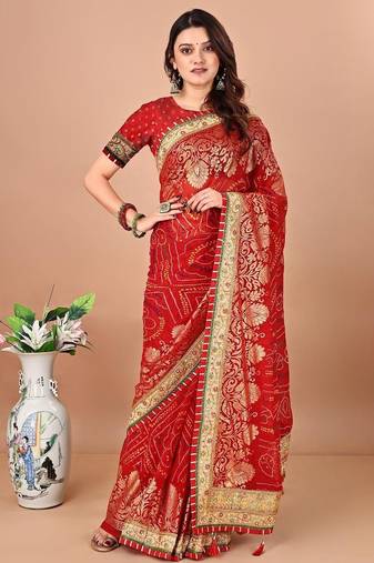 Red bandhani print embellished gotta patti bandhani saree