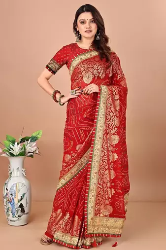 Red bandhani print embellished gotta patti bandhani saree