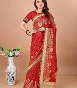 Red bandhani print embellished gotta patti bandhani saree