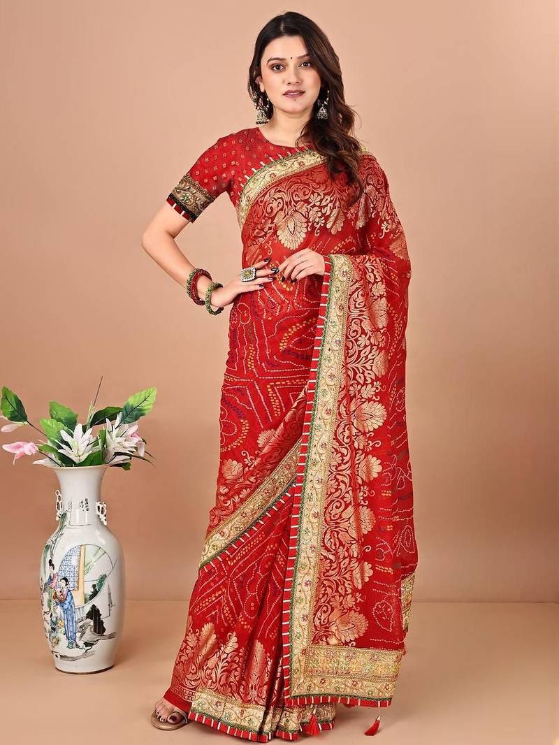 Red bandhani print embellished gotta patti bandhani saree