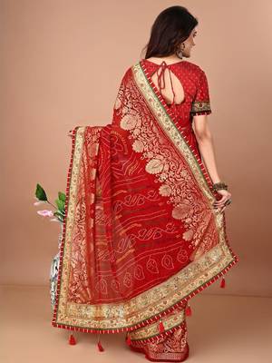 Red bandhani print embellished gotta patti bandhani saree 2