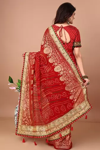 Red bandhani print embellished gotta patti bandhani saree