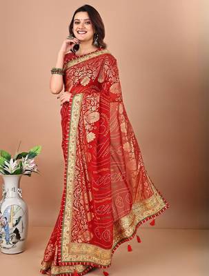Red bandhani print embellished gotta patti bandhani saree 3