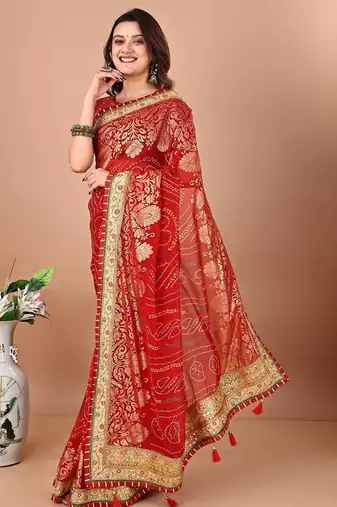 Red bandhani print embellished gotta patti bandhani saree