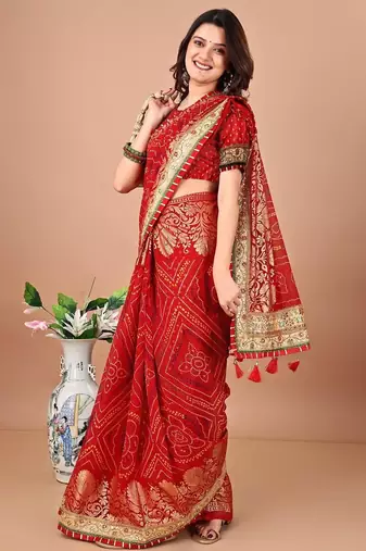 Red bandhani print embellished gotta patti bandhani saree