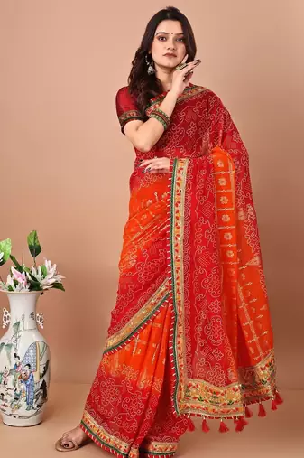 Orange bandhani gotta patti poly georgette bandhani saree