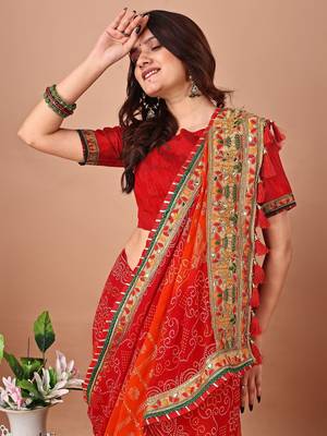 Orange bandhani gotta patti poly georgette bandhani saree 2
