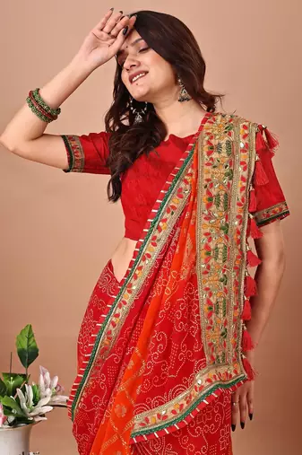 Orange bandhani gotta patti poly georgette bandhani saree