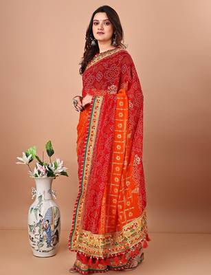 Orange bandhani gotta patti poly georgette bandhani saree 3