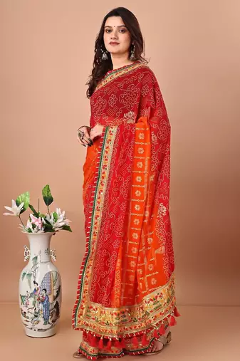 Orange bandhani gotta patti poly georgette bandhani saree