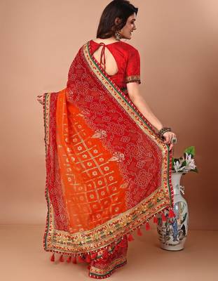 Orange bandhani gotta patti poly georgette bandhani saree 4