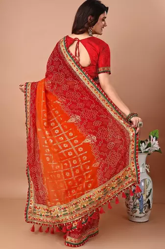 Orange bandhani gotta patti poly georgette bandhani saree