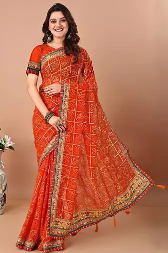 Orange bandhani gotta patti poly georgette bandhani saree