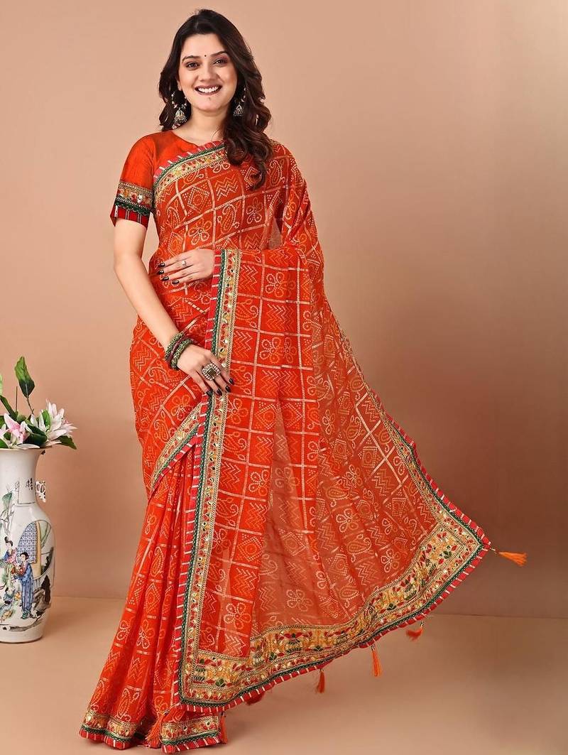 Orange bandhani gotta patti poly georgette bandhani saree
