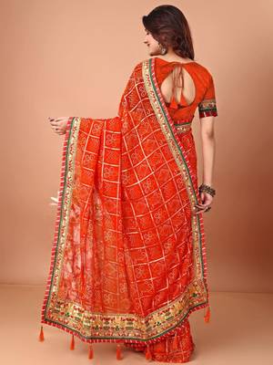 Orange bandhani gotta patti poly georgette bandhani saree 2