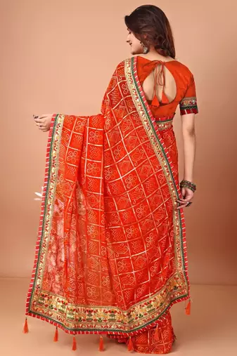 Orange bandhani gotta patti poly georgette bandhani saree