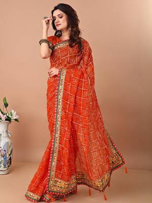 Orange bandhani gotta patti poly georgette bandhani saree 3