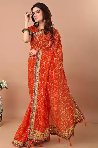 Orange bandhani gotta patti poly georgette bandhani saree