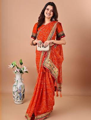 Orange bandhani gotta patti poly georgette bandhani saree 4