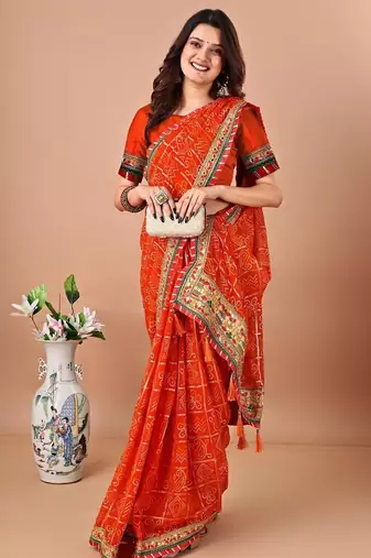 Orange bandhani gotta patti poly georgette bandhani saree