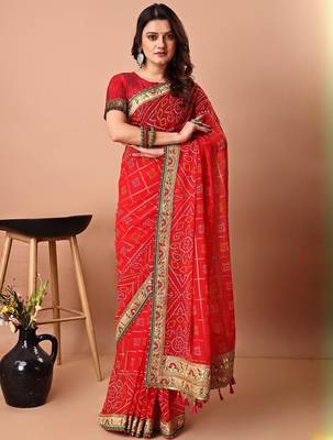 Red bandhani gotta patti poly georgette bandhani saree 1