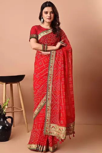 Red bandhani gotta patti poly georgette bandhani saree