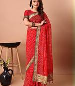 Red bandhani gotta patti poly georgette bandhani saree